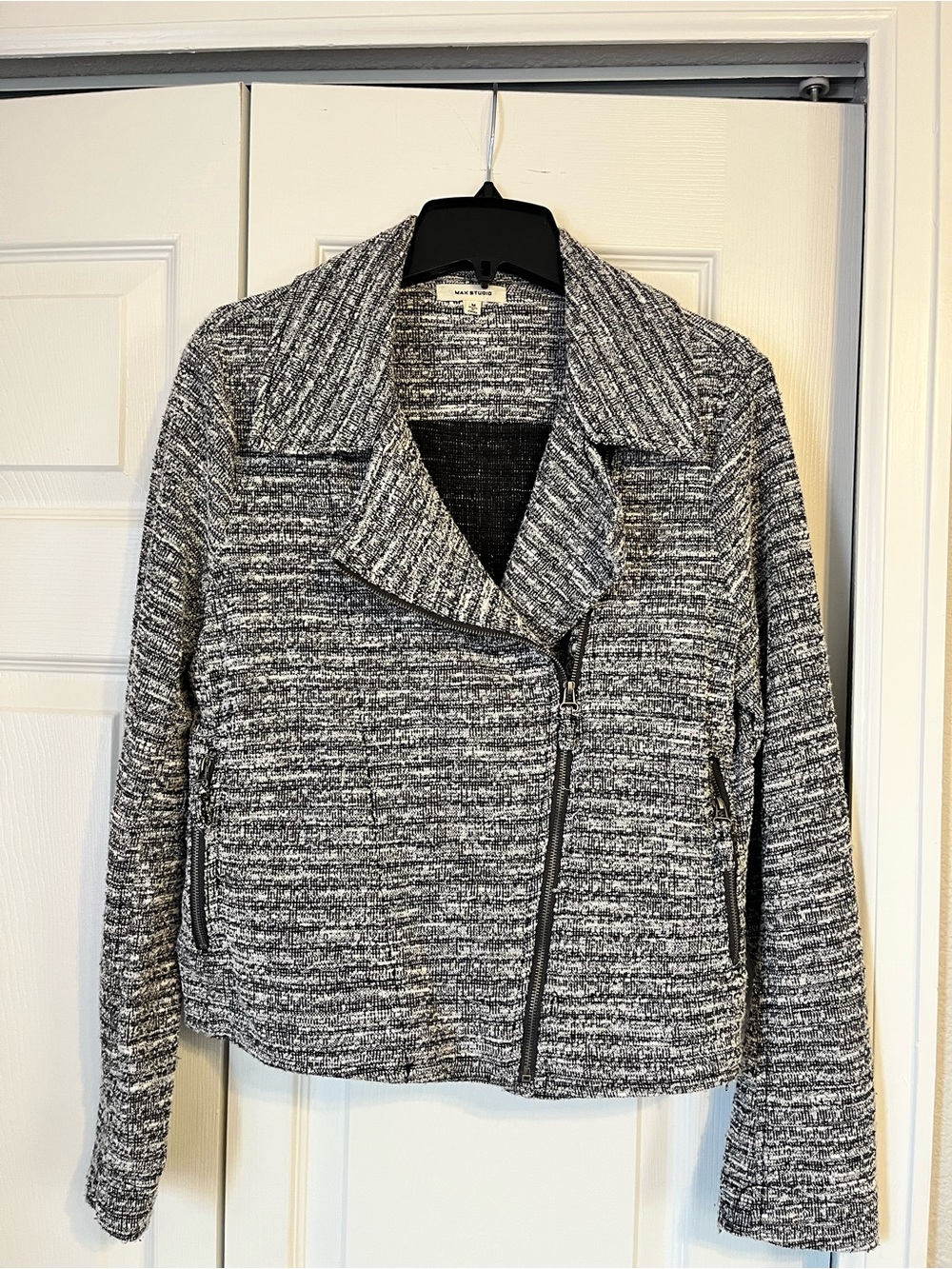 Max Studio Black & White Tweed Asymmetrical Zip Jacket